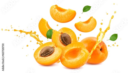 Fresh Apricots Exploding with Juice, Slices, and Green Leaves on White Background