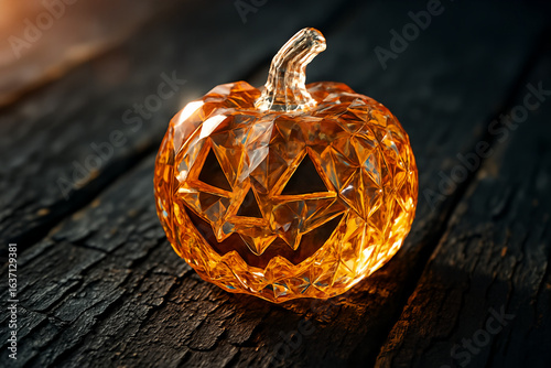 Crystal orange reflective Halloween pumpkin figurine as decoration on vintage windowsill.
