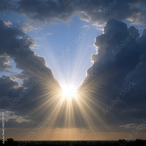 The sun's rays break through the clouds, creating a figure with light that looks like wings, showing that higher powers are always with you and care about you.
