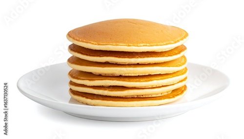 Stacked Golden Pancakes on White Plate, Isolated on Clean White Background