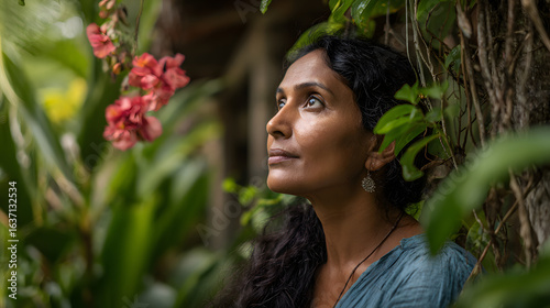 Serene Sri Lankan Woman in Lush Tropical Garden