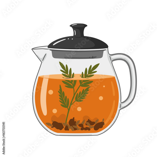 Herbal tea in glass pot with herbs and loose leaves inside, flat vector illustration, natural soothing colors, wellness concept, for health blogs, tea shops