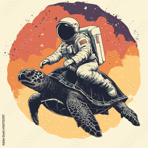 astronaut flying on a turtle, vector style simple color