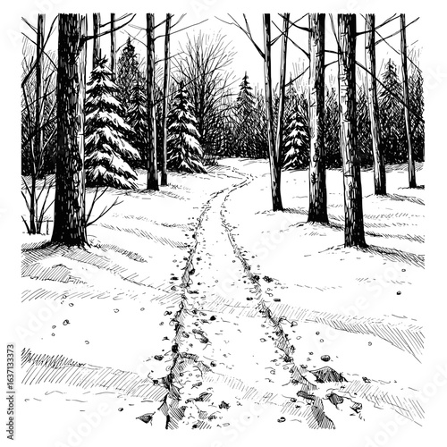 Snow trail in forest with trees and snow in winter landscape, hand-drawn vector sketch, monochrome, winter wilderness, for nature blogs, seasonal promotions
