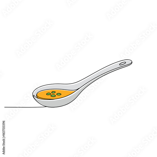 Ceramic spoon with soup containing green herbs, flat vector illustration, natural green and neutral ceramic tones, healthy eating, nourishing food concept, for food blogs, recipe sites