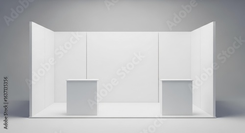 Blank white trade show booth, minimalist exhibition stand, two counters.
