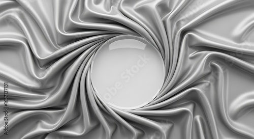 Elegant circular frame formed by rippling silver satin fabric with central sphere