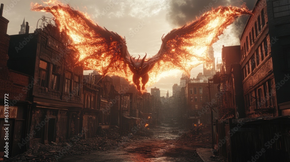 Fototapeta premium Fiery demon creature soars over ravaged city street