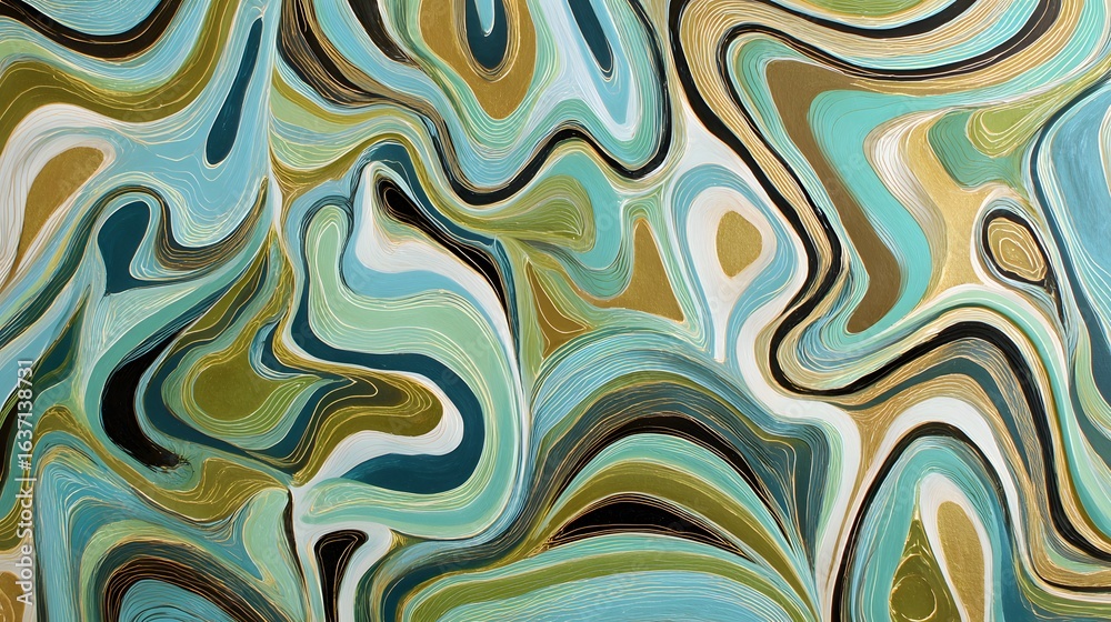 Obraz premium A swirling abstract design in shades of teal, gold, and olive green.