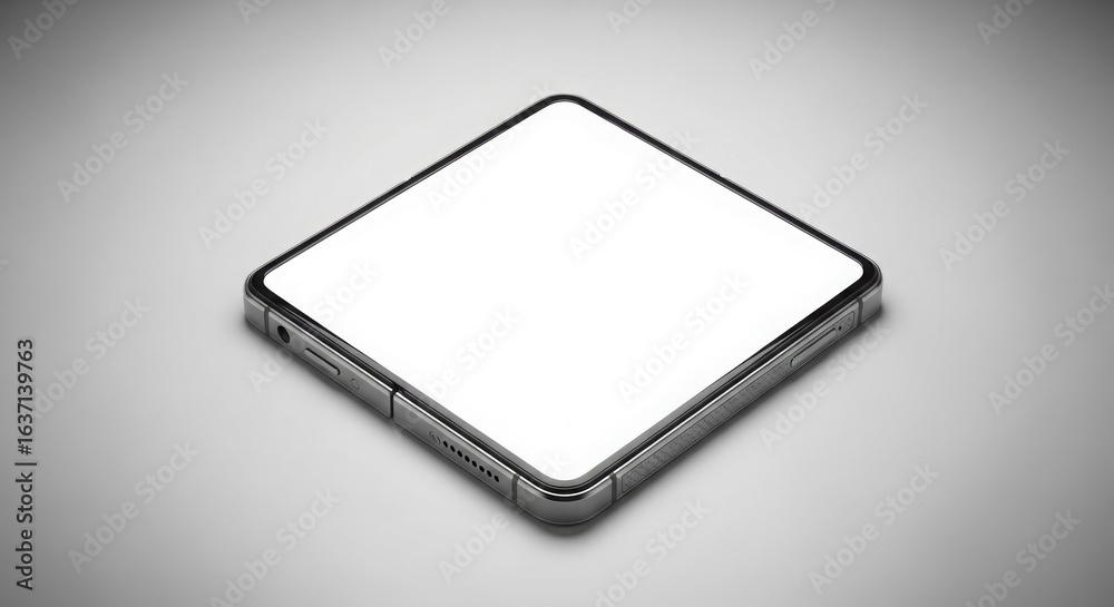 Isometric view of a modern smartphone with a blank white screen, resting on a light grey surface. Isometric view of a modern smartphone with a blank white screen, resting on a light grey surface.