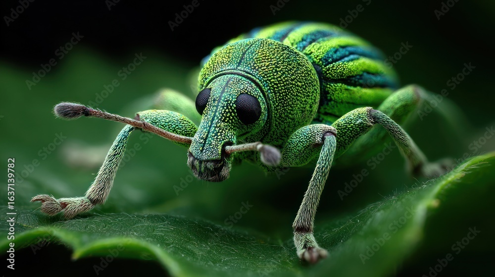 Naklejka premium Close-up of a vibrant green weevil on a leaf