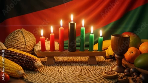 Kwanzaa celebration with lit Kinara candles and traditional symbols. Festive display with fruit, corn, and the Pan-African flag for the cultural holiday.