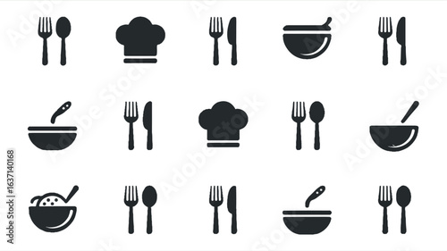 Collection of 15 simple black and white icons for cooking and dining presented in a grid