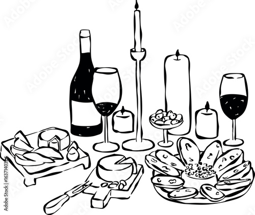 Mesa de charcutería dibujada a mano. Ilustración de tabla de quesos para invitación, papelería o branding. Icono de cena para invitación de fiesta. Brunch	