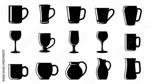 Collection of 15 diverse drinking vessel silhouettes in a clean black and white design