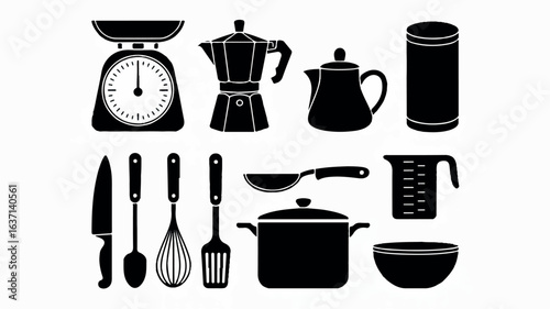 Collection of black and white kitchen utensil icons displayed in two rows on a clean white background