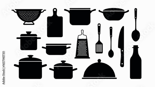 Collection of black silhouette kitchen utensils and cookware on a clean white background
