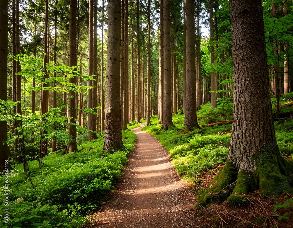 Fototapeta premium Sunny forest path through tall trees