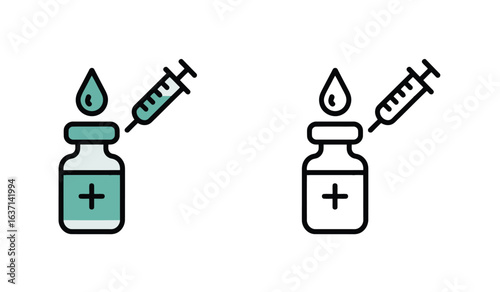 Vaccine vial and syringe icons representing immunization or vaccination, offering protection against infectious diseases