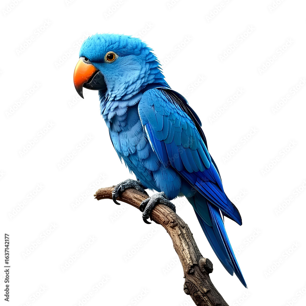 Obraz premium Vibrant blue parrot with lush feathers perched on branch, isolated on a transparent background, generative AI