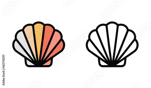 Seashell Graphic Illustration Two Different Versions of Clam Shell in Color and Black and White