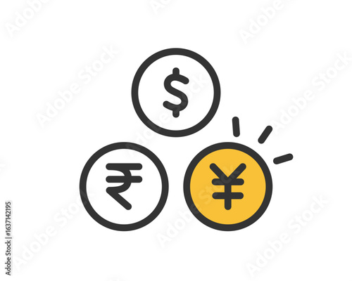 円・ドル・ルピーの通貨アイコンベクター ( シンプル ) | ベクター素材 編集可能 SVG