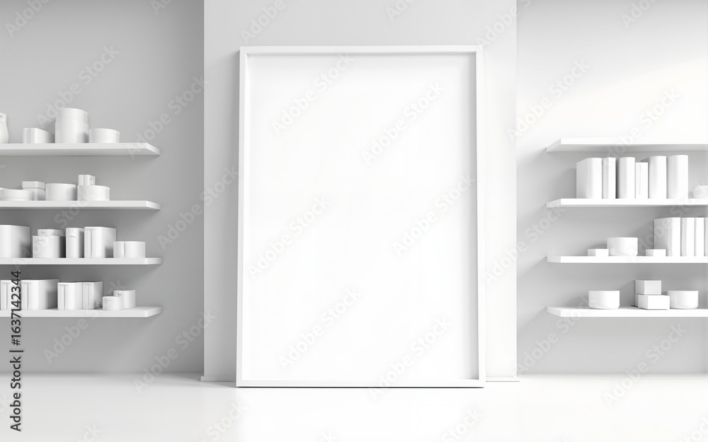 Clean white interior with blank vertical poster mockup surrounded by symmetrical product shelves in modern retail design layout. 3D Rendering. High quality Clean white interior with blank vertical poster mockup surrounded by symmetrical product shelves in modern retail design layout. 3D Rendering. High quality
