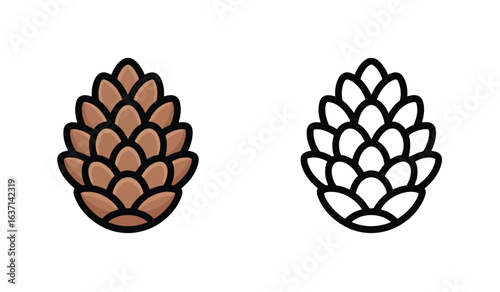 Simple Vector Drawing of a Pinecone, with Fill and Outline Styles Displayed on White
