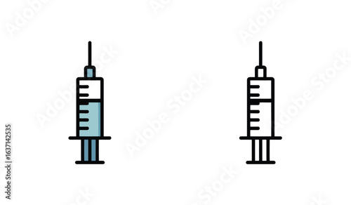 Two medical syringes in color and monochrome for vaccinations and health concerns