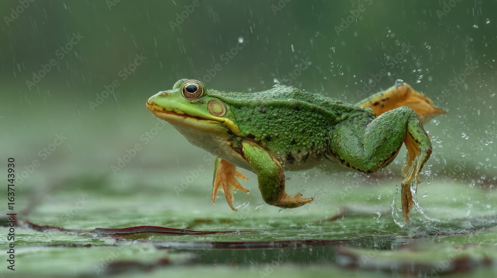 Obraz premium Green frog leaps through rain