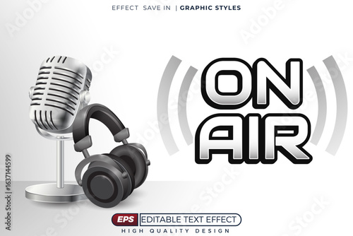 Editable 3d text effect on air with mic and headphone on white clean background for poster design