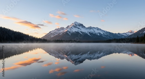 Wallpaper Mural Serene Mountain Reflection: A breathtaking mountain range, crowned with snow, is mirrored perfectly in the calm waters of a lake, showcasing a scene of stunning natural beauty and tranquility. Torontodigital.ca