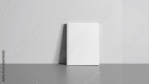 A blank white rectangular object leaning against a plain, light-colored wall.