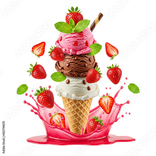 Strawberry, Chocolate, and Vanilla Ice Cream Cone with Fresh Strawberries and Splash Isolated on Transparent Background