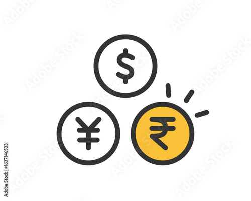 Currency Icons of Dollar, Yen, and Rupee Coins Vector Illustration