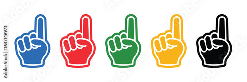 Colorful foam fingers in different colors showing number one gesture in flat vector illustration
