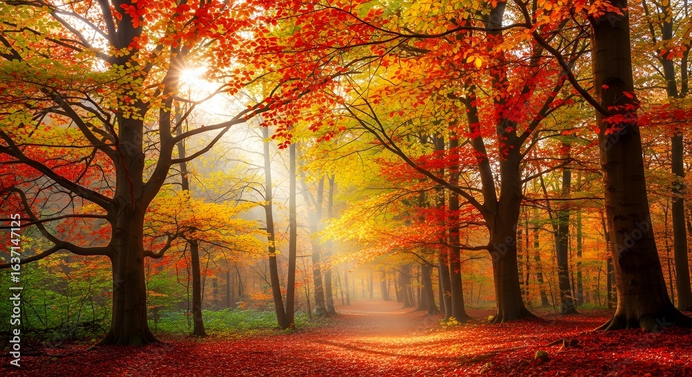 Fototapeta premium Autumn Canopy Path: A breathtaking view of a winding path through a vibrant forest during autumn, the sunlight filtering through a canopy of leaves painted in rich hues, creating a scene of serenity.