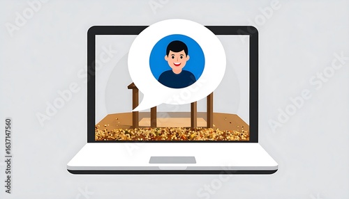 Laptop screen displaying a cartoon person's profile picture in a speech bubble above a landscape