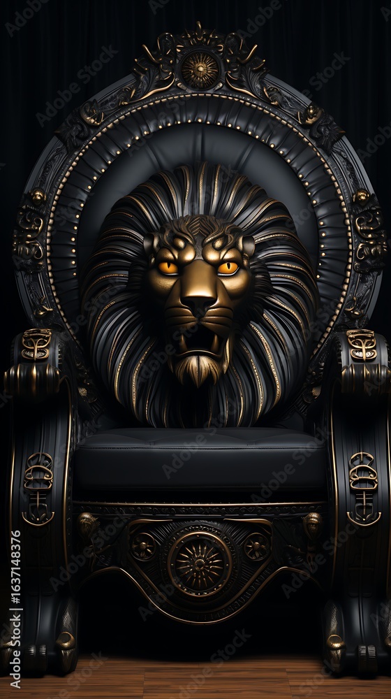 Fototapeta premium Black and Gold Lion Head Throne with Glowing Eyes image