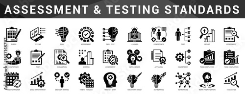 Focused icon bundle for assessments, quizzes, skill tests, and result evaluations in various professional domains.  