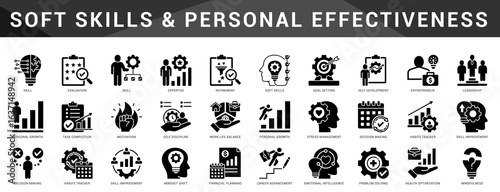 Icons built around soft skill development and effective personality growth in leadership and teamwork.  