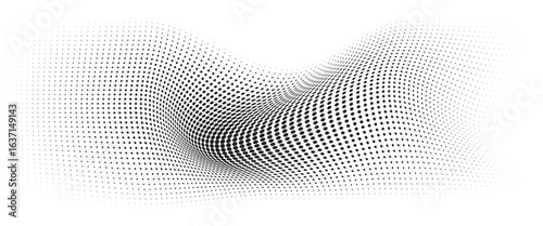 Flowing Wave Dot Halftone Pattern: Curve Gradient Shape on Transparent Background. Suitable for AI, Tech, Network, Digital, Science, and Technology Themes.