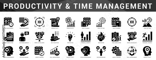 Productivity enhancing icons for time tracking, deep focus, planning, goal setting, and balanced work routines.
