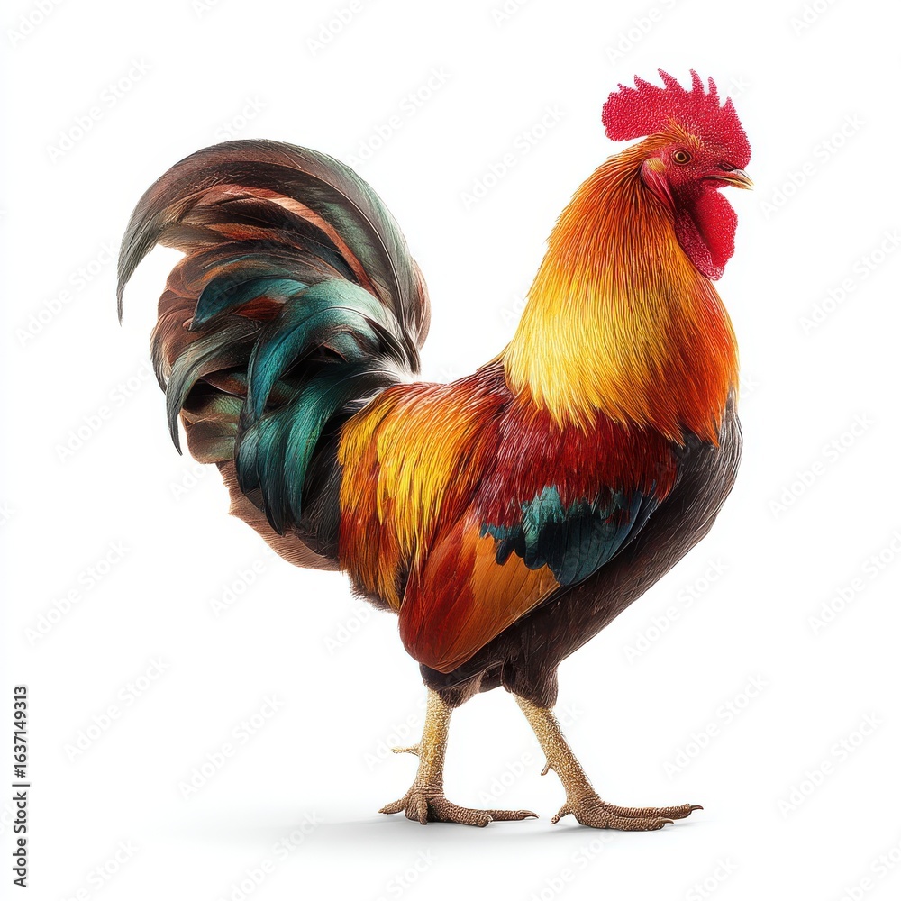 Fototapeta premium Colorful rooster standing proudly isolated on white background