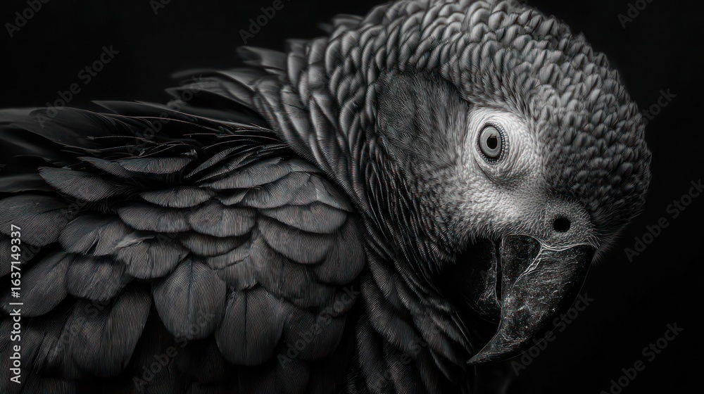 Fototapeta premium Close-up, monochrome parrot head with detailed plumage and bright eye against dark background