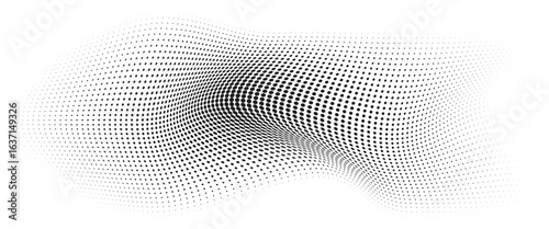 Flowing Wave Dot Halftone Pattern: Curve Gradient Shape on Transparent Background. Suitable for AI, Tech, Network, Digital, Science, and Technology Themes.