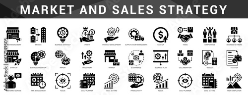Complete set of icons for marketing and sales strategy including customer journeys, funnels, branding, conversion, and audience targeting.
