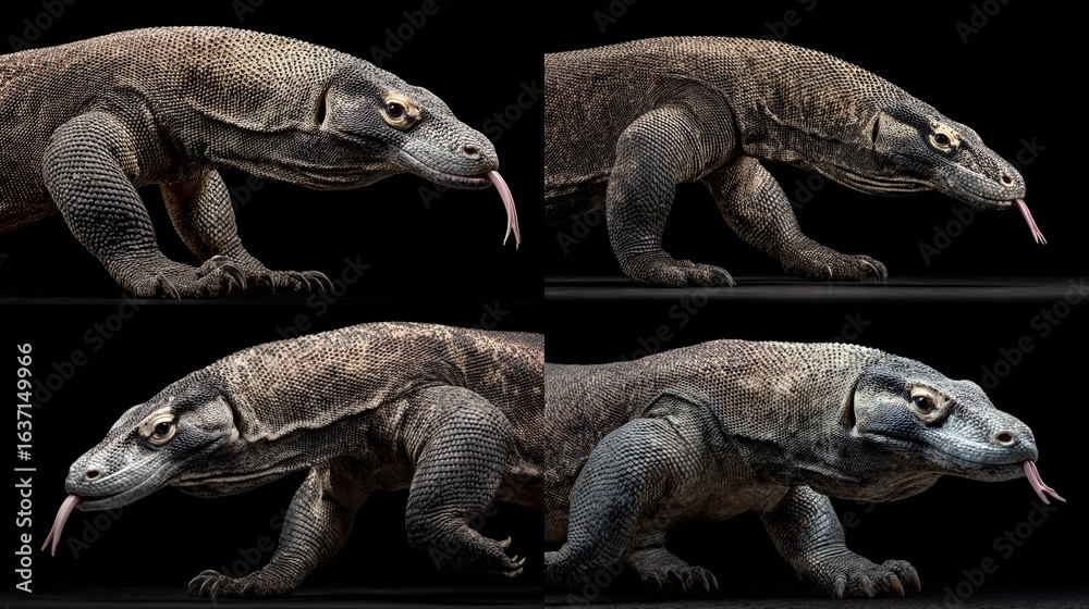 Obraz premium Four close-up views of a Komodo dragon, showcasing different angles and slight variations in posture, against a black background