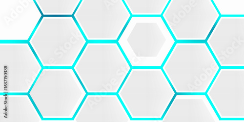 White 3d hexagonal technology vector abstract background. Blue bright energy flashes under hexagon in modern technology futuristic background vector illustration. White honeycomb texture grid.