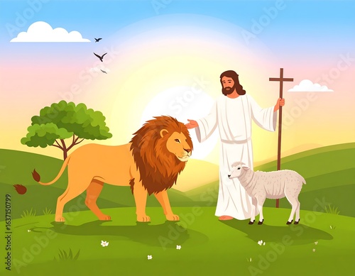 Jesus with lion and lamb in idyllic landscape